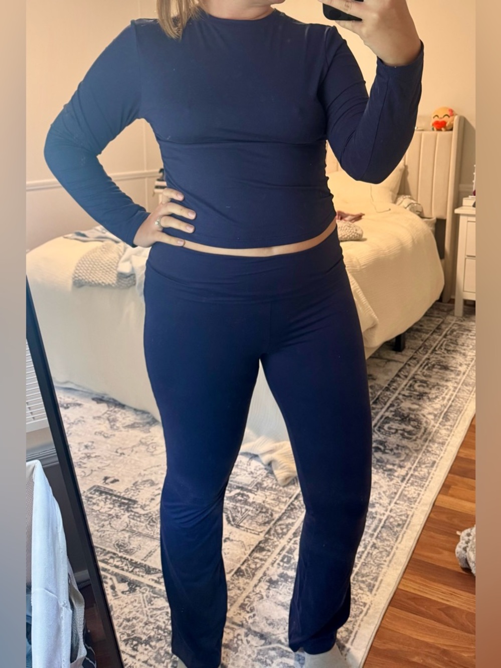 Navy Blue Matching Set Fold-Over Yoga Pants & Fitted Long Sleeve Crop Top Large